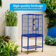 Bird Cage for Small to Medium-Sized Birds - Bird House & Parrot Cage - Detachable Rolling Stand, Wooden Perches, Feeding Cups, Slide-Out Tray, Storage Shelf, and Universal Wheels - 135 cm