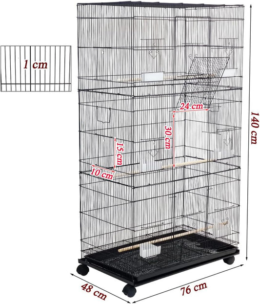 Multi-level bird cage for Small to Medium Parrots, Cockatiels and Lovebirds, 140 cm Bird Villa with Wooden perches, Removable Base Pan, Feeding cups, Wide Front Doors, and Strong Metal Wire (Black)