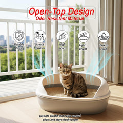 Semi open cat litter box with Durable plastic material, Splash guard, Stable base and Air ventilation design, Pet waste tray with Scoop, high fence, Indoor-outdoor use, and Detachable