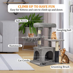Cat tree activity center with Padded perch, Dangling ball, Cozy hammock, Sisal scratching post, Cozy cat condo, and Self grooming brush, Ideal for kittens and Large cats 78 cm (Grey)