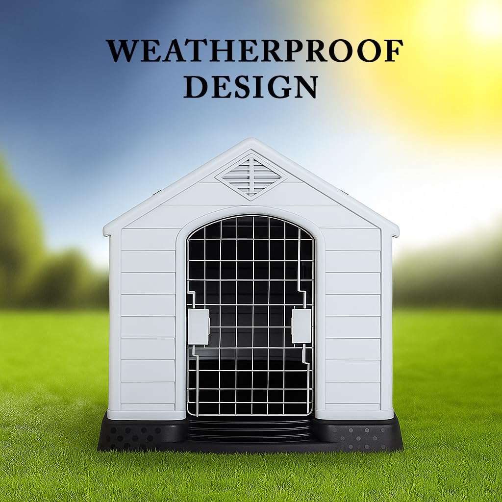 Dog House Outdoor & Indoor Use | Plastic Durable Waterproof & Weatherproof Designed Dog Home | All-Season Shelter with Air Vents, Lockable Door & Elevated Floor, Easy To Assemble (Grey, 70cm)