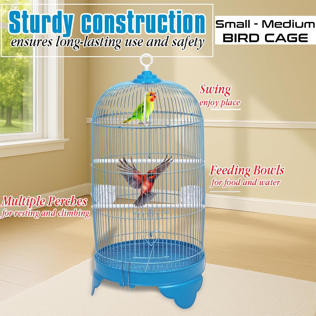 Round Bird Cage with Plastic Base, Metal Wire, Feeding Bowls, Swing, and Perches, 73 cm Travel Portable Cage for Parakeets, Canaries, and Small Birds, Indoor Outdoor Use, Convenient hook (BLUE)