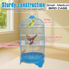 Round Bird Cage with Plastic Base, Metal Wire, Feeding Bowls, Swing, and Perches, 73 cm Travel Portable Cage for Parakeets, Canaries, and Small Birds, Indoor Outdoor Use, Convenient hook (BLUE)