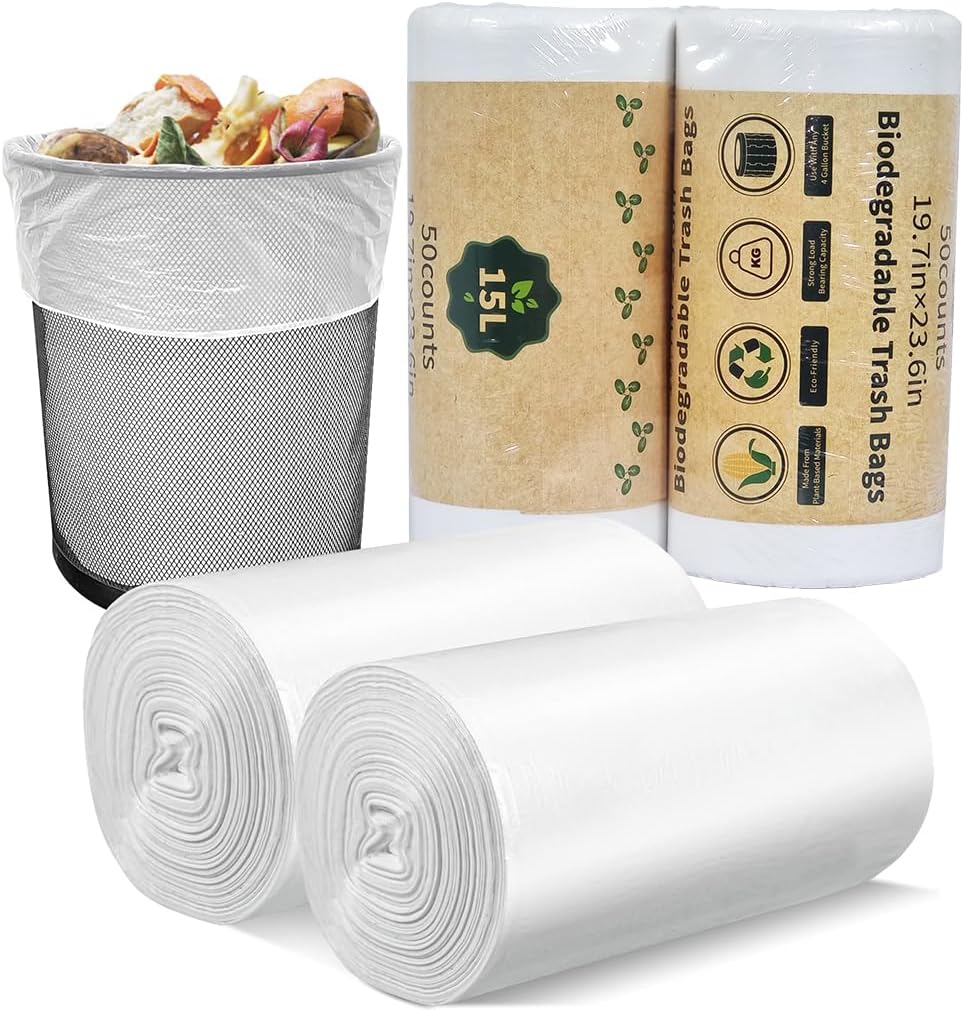 2Pcs Biodegradable trash bags with 15L large capacity and Leak-proof, Multipurpose disposable waste bag for Living room, Office, Bathroom, and Kitchen use, Eco-friendly trash bags (50 Count)