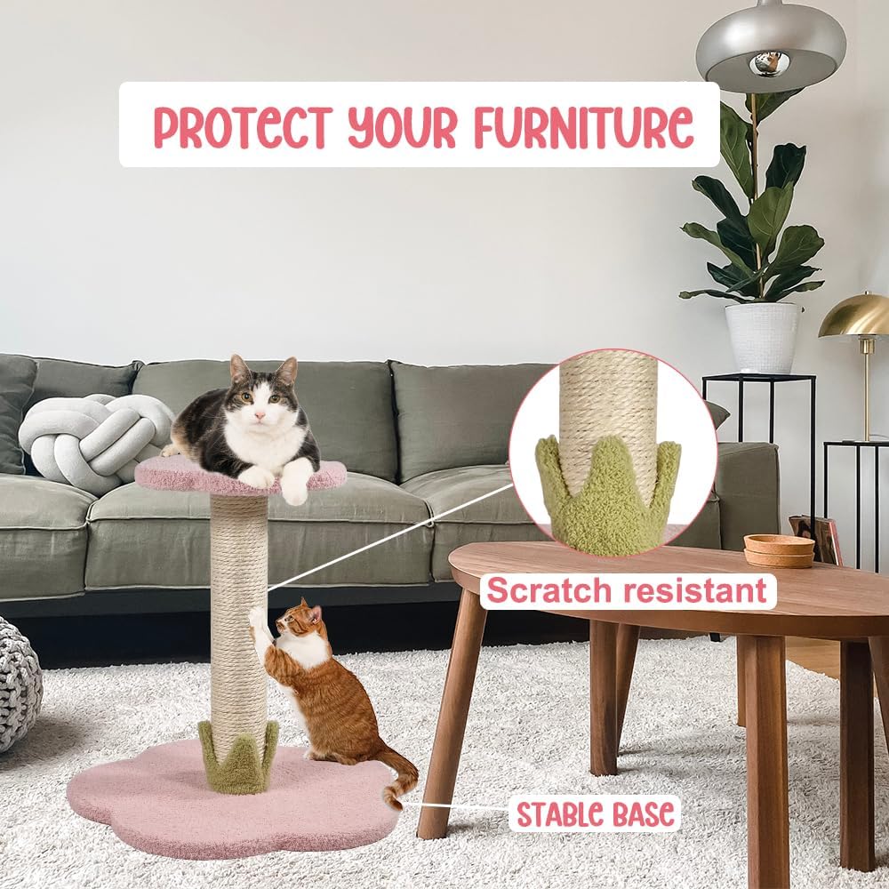 Cat tree scratcher for small cats & kittens, Cat tree activity center with Flower design perch, Natural sisal scratching post, and Sturdy wooden base, Ideal for indoor use, Easy assembly 36 cm (Pink)