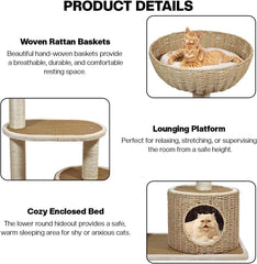 2-Tier Cat tree tower with Handwoven seagrass basket perch, Cozy Condo, and Sisal Scratching Posts, Modern Cat Furniture for Indoor Cats & Kittens, Multi-Level Activity Center
