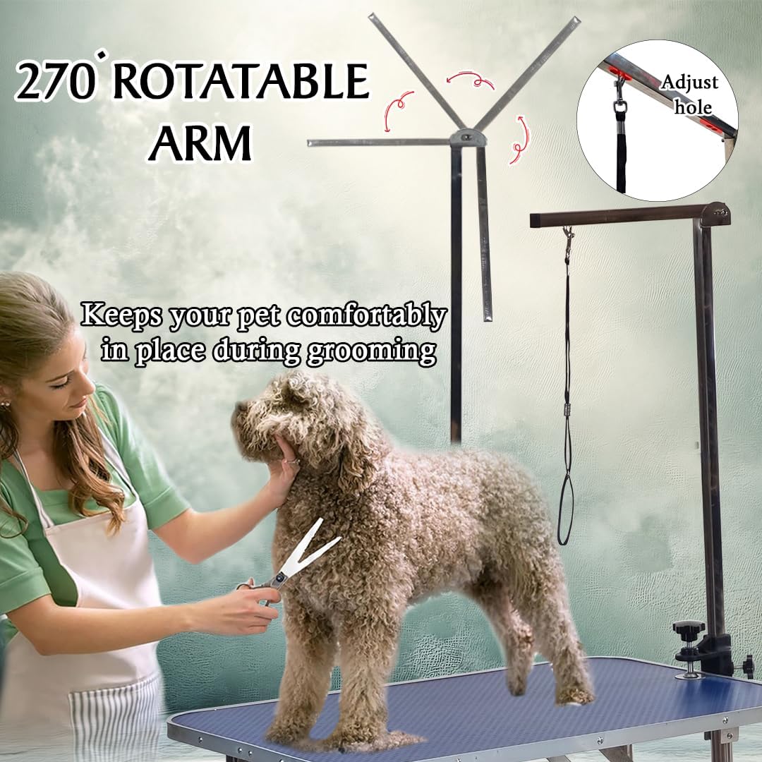 Foldable Pet Grooming Table with Non-slip surface, Folding crossbeams, and Portable, Beauty station for small to medium pet, Space saving design, Storage Basket, Adjustable Arm & Noose, 145 cm (Blue)