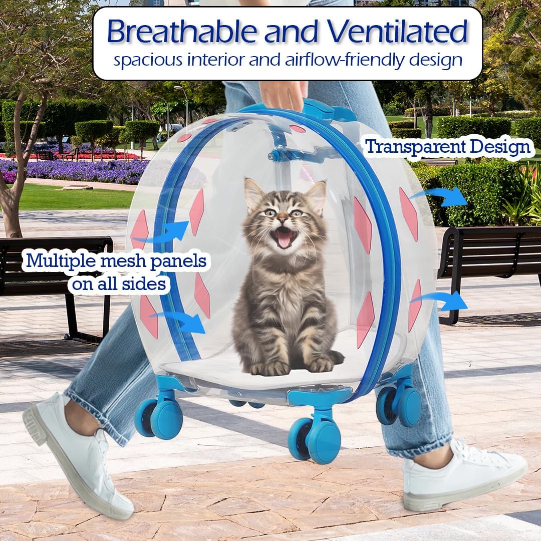 Transparent pet carrier for cats and dogs, Pet stroller with Telescopic handle, Durable zipper, Ventilation holes, and Rolling wheels, Suitable for outdoor activities, 93 cm