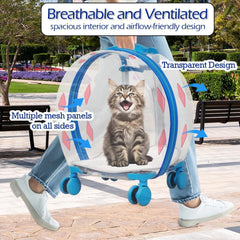 Transparent pet carrier for cats and dogs, Pet stroller with Telescopic handle, Durable zipper, Ventilation holes, and Rolling wheels, Suitable for outdoor activities, 93 cm