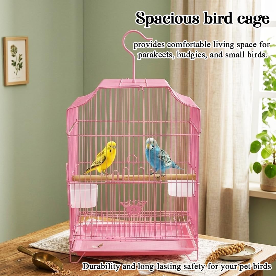 Small Bird Cage with Metal Wire, Ideal for Budgies, Small Parrots, and Parakeets, 45 cm Portable Cage for Indoor-Outdoor, Metal Bird Cage with Hanging, Bottom Tray, Perches, and Feeding Bowls, Pink