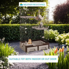 Cat cage playpen for Multi-cat household, 3-tier cat cage with Cozy hammock, Wide platform, Climbing ladder, Build-in litter box, and Universal wheels, Ideal for indoor/outdoor use 133 cm (Chocolate)