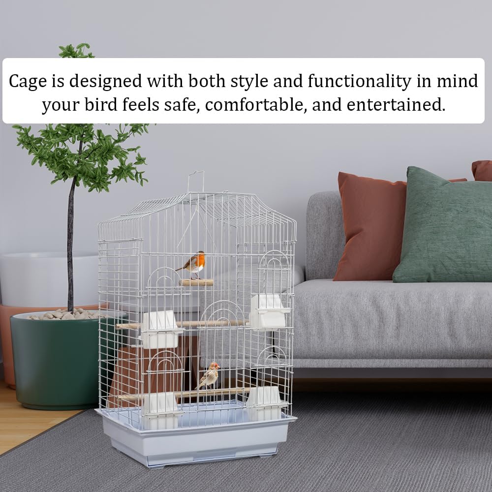 Bird cage for Budgies, Lovebirds, Finches, and Other small birds, Spacious and durable bird cage with Portable handle, Multiple perches, Feeding cups, and Removable tray 79 cm (White)