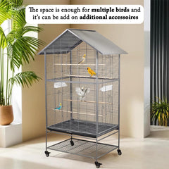 Bird cage for Medium to Large-sized birds, Durable house-roof design bird cage with Wooden perches, Feeding cups, Slide-out tray, Storage shelf, and Universal wheels 167 cm (Grey)