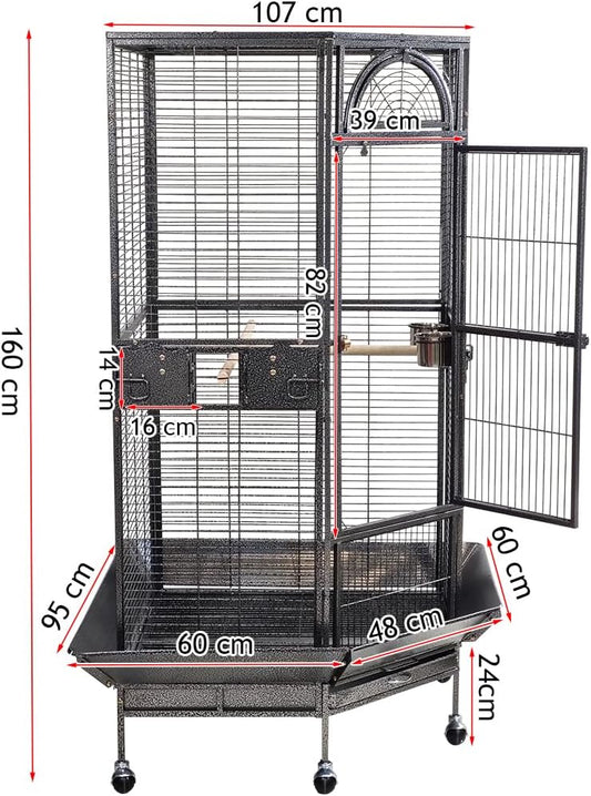 Corner bird cage for Parrots, Macaws and Parakeets, Heavy-duty metal large bird cage with Wooden perch, Stainless steel food bowls, Removable tray, and Universal wheels, 162 cm (Black)