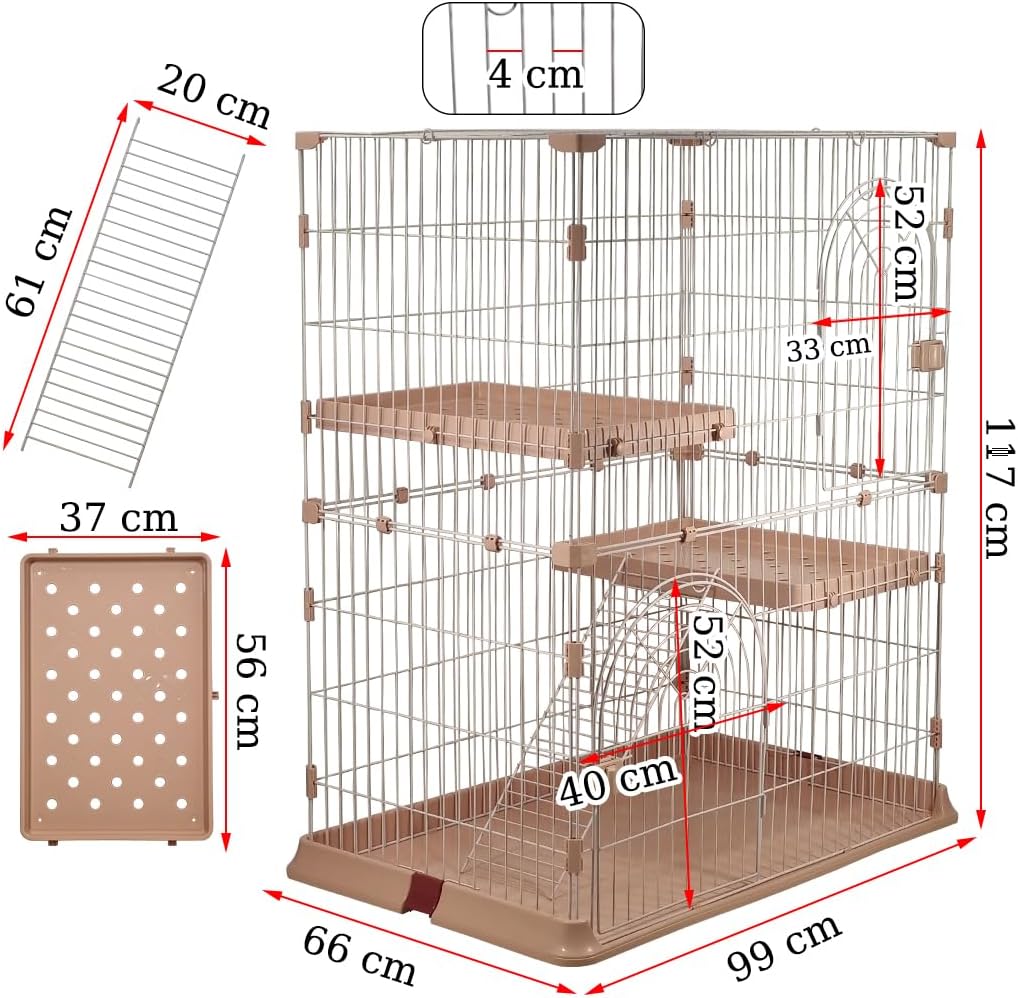 Cat cage with Durable metal wire, Wide plastic perch, Lockable door, and Climbing ladder, double-layer cat cage enclosure for Cats & Kittens, Suitable for indoor/outdoor use 117 cm (Pink)