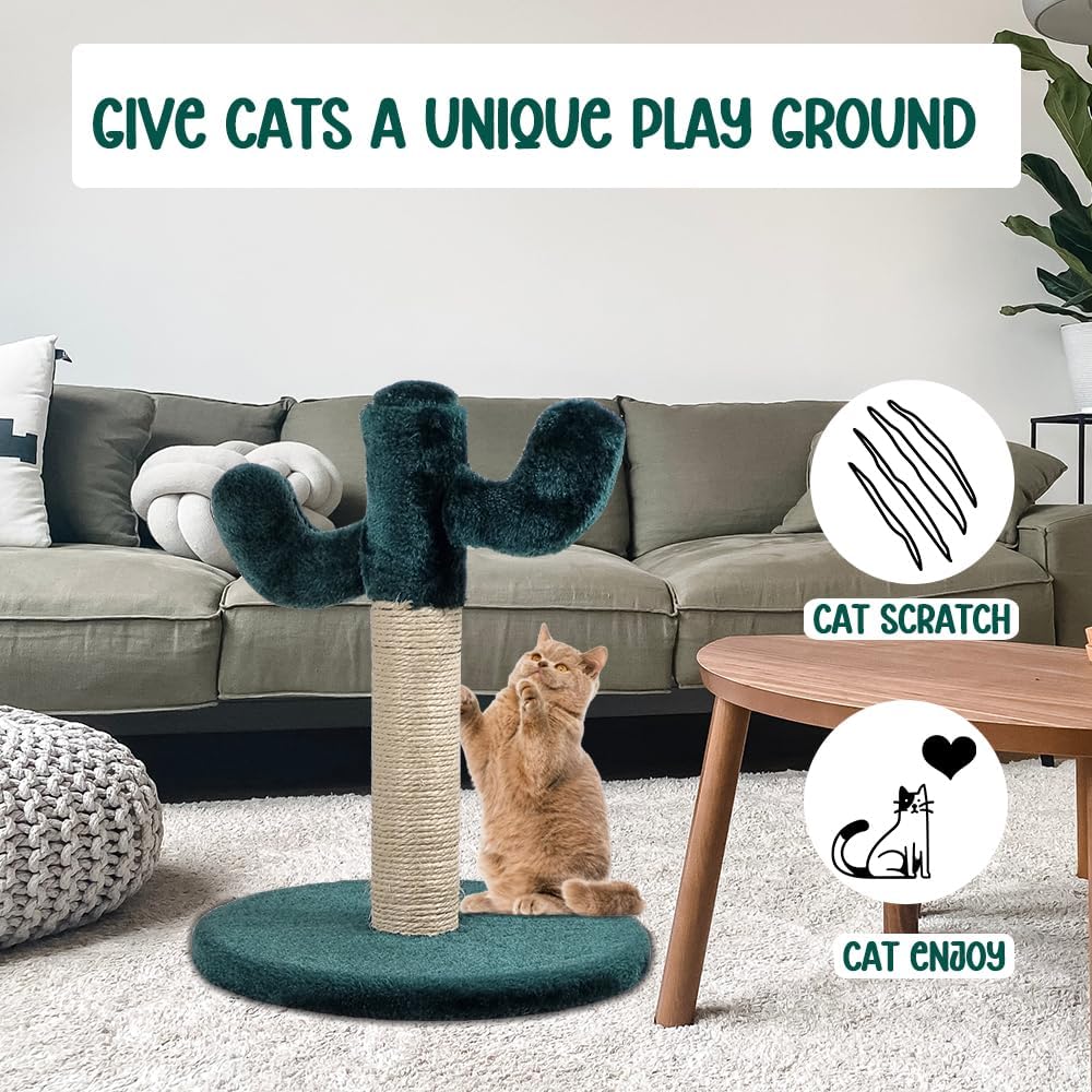 Cat tree scratcher with Cactus shape design, Sisal scratching post, and Sturdy base, Durable cat tree activity center for small cats & kittens, Ideal for indoor use, Easy assembly 40 cm (Green)