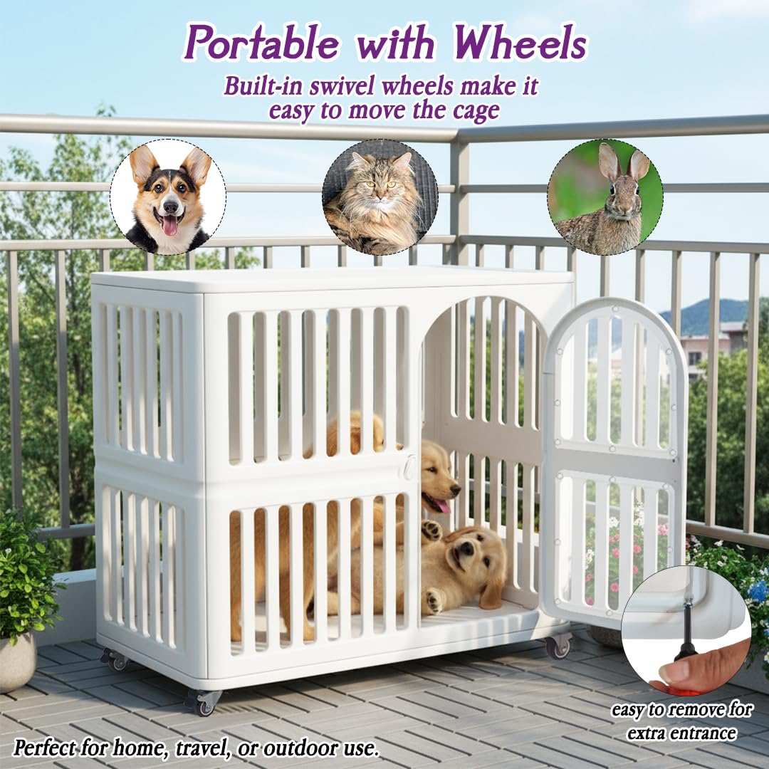 Plastic dog crate for Indoor-Outdoor, Pet kennel with Wheels, Durable and Ventilated, 85 cm Cage for Dog, Cat and Rabbits, Easy to clean, Lockable, Portable, Lockable and Easy to move,  (White)