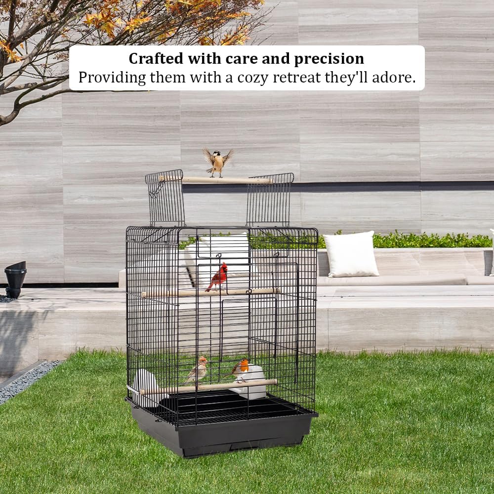 Black Bird Cage - Open Roof Top with Feeding Bowls, Removable Tray, Perfect for Budgies, Canaries, and Cockatiels (73 cm)