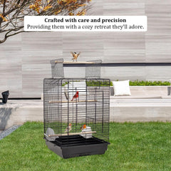 Black Bird Cage - Open Roof Top with Feeding Bowls, Removable Tray, Perfect for Budgies, Canaries, and Cockatiels (73 cm)