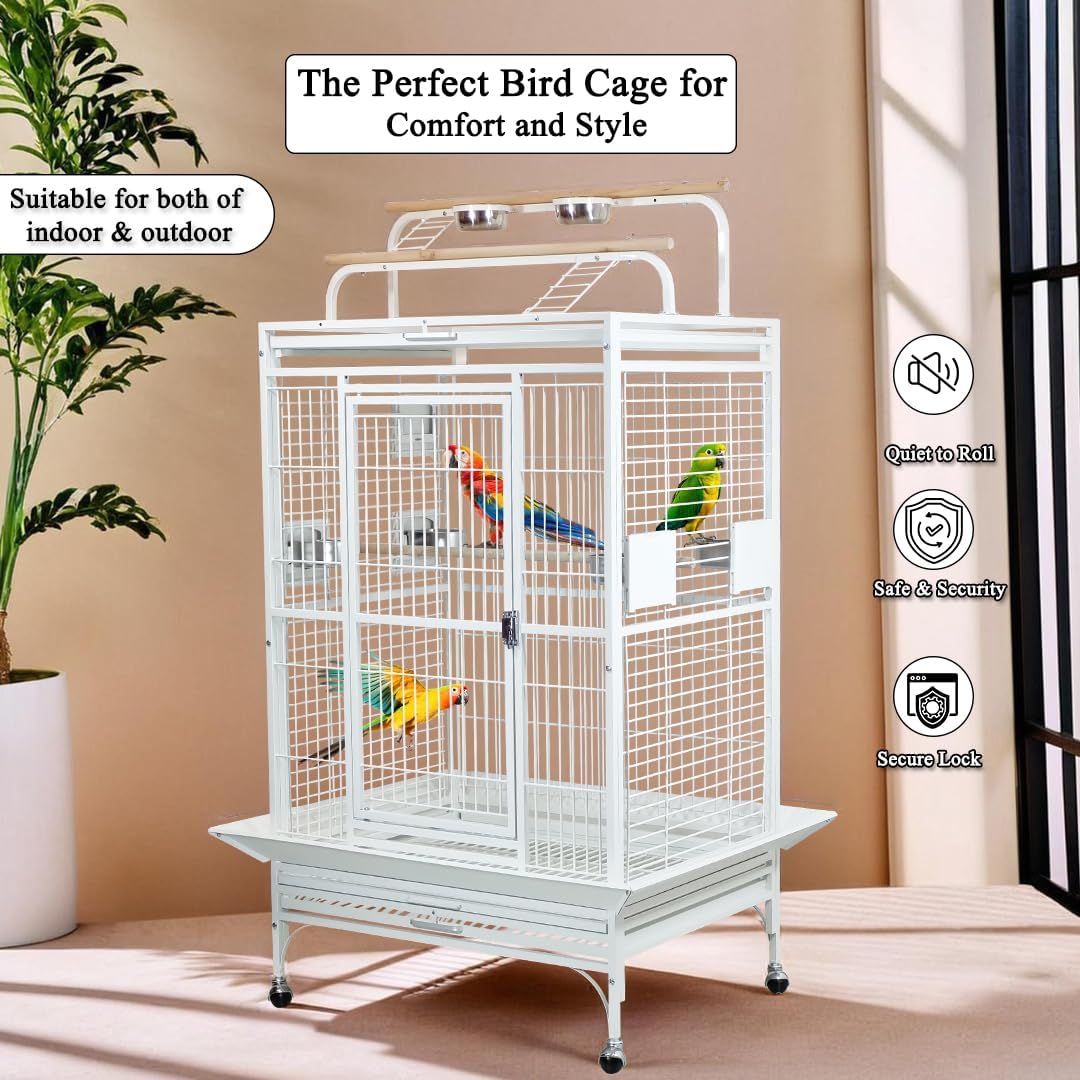 Bird Cage Indoor Large with Open-Top Design - Multiple Perches, Plastic Food Cups, Slide-out Tray & Universal Wheels, Metal Cage for Parrot, Canaries, Lovebirds & Other Birds (White, Extra Large)