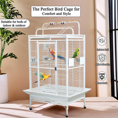 Bird Cage Indoor Large with Open-Top Design - Multiple Perches, Plastic Food Cups, Slide-out Tray & Universal Wheels, Metal Cage for Parrot, Canaries, Lovebirds & Other Birds (White, Extra Large)