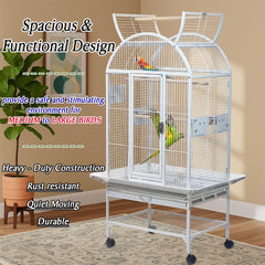 Large parrot cage with Stand, Indoor-Outdoor use, Open play top, Easy-clean tray, Food bowls & Storage shelf, 163 Bird cage with Wheels, Wooden perches, Durable and Metal wire bird cage (White)
