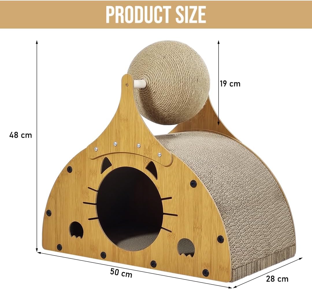 Wooden cat scratcher, Durable 2-in-1 cat scratcher & bed with Corrugated cardboard, Scratching ball, and Sturdy MDF Material, Suitable for Scratching, Playing, and Sleeping 50 cm (Brown)
