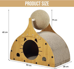 Wooden cat scratcher, Durable 2-in-1 cat scratcher & bed with Corrugated cardboard, Scratching ball, and Sturdy MDF Material, Suitable for Scratching, Playing, and Sleeping 50 cm (Brown)
