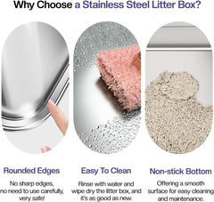 Stainless steel cat litter box with Scoop, Anti-splash design, Grid design, Non-stick, and Odor resistant, Open top kitty toilet for Indoor cats & kittens, Easy to clean