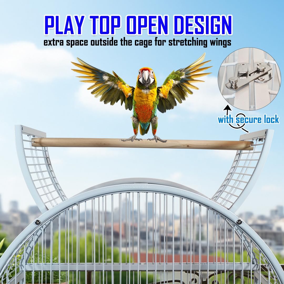 Large parrot cage with Stand, Indoor-Outdoor use, Open play top, Easy-clean tray, Food bowls & Storage shelf, 163 Bird cage with Wheels, Wooden perches, Durable and Metal wire bird cage (White)