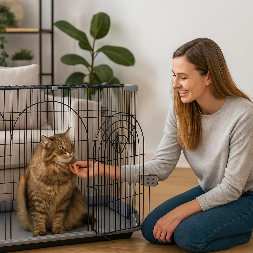 NNC PETS Cat Cage Indoor | Pet Playpen Cage | Metal Wire Single-layer Cat Crate with Splash-Proof Base & Spring Door Lock | Ideal for Indoor/Outdoor Use | Easy to Assemble (Grey, 100cm)