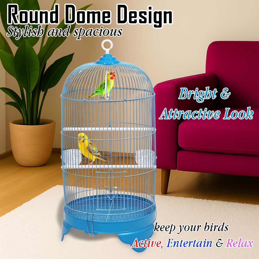 Round Bird Cage with Plastic Base, Metal Wire, Feeding Bowls, Swing, and Perches, 73 cm Travel Portable Cage for Parakeets, Canaries, and Small Birds, Indoor Outdoor Use, Convenient hook (BLUE)