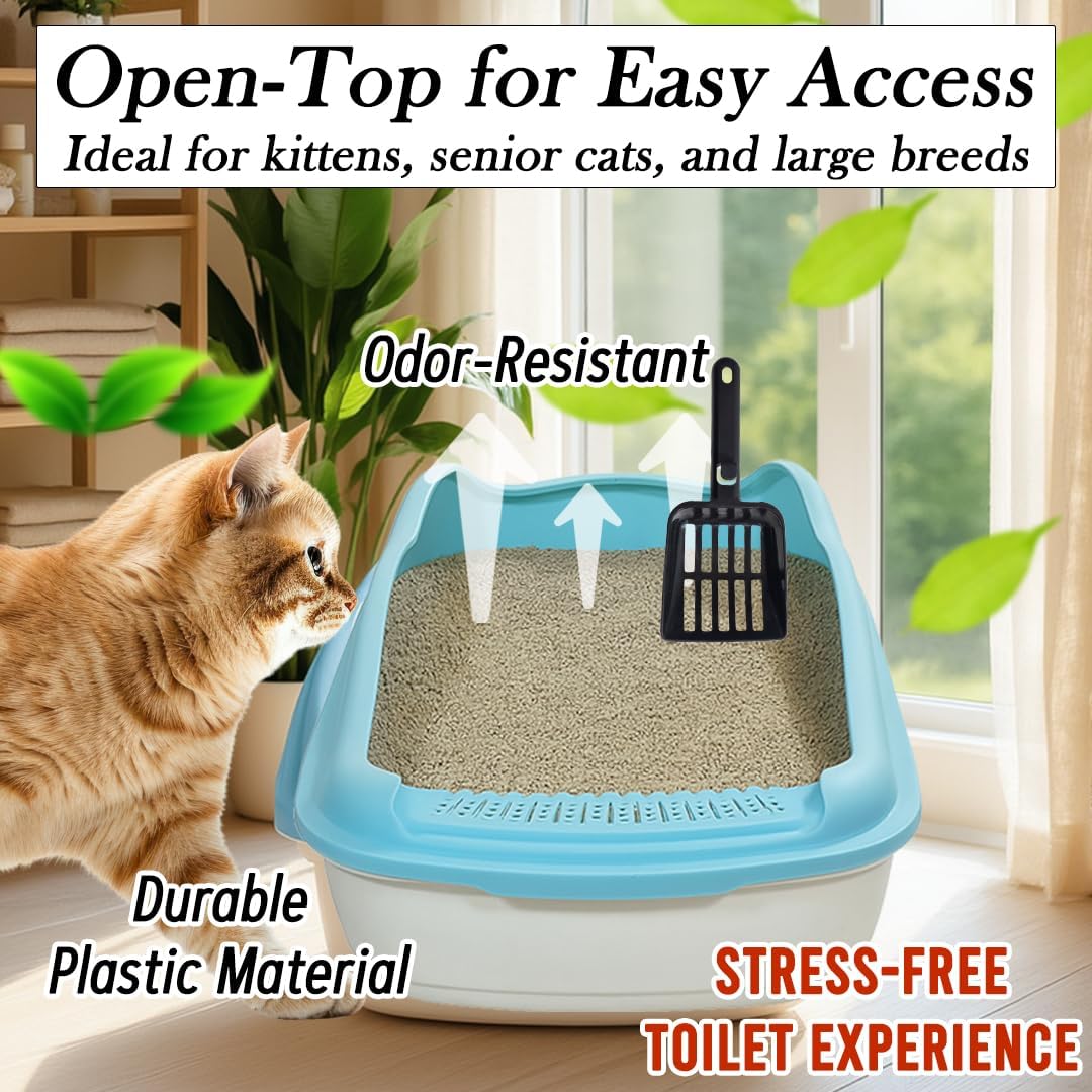 Anti-splash cat litter box with Enclosed design, Easy to clean, Durable plastic material and Removable, Cat Litter Pan with Scoop, Portable, Large size, High fence, and All size cats