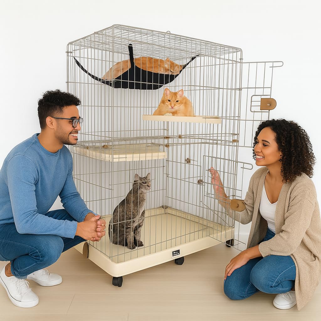 NNC PETS Cat Cage Kennel with 2-lockable Doors - 2-Tiier Metal Wire Pet Cat House Playpen for Indoor Cats - Cozy Hammock, Climbing Ladder, Drawer Tray & Universal Wheels, Easy Assembly (Beige, 115 cm)