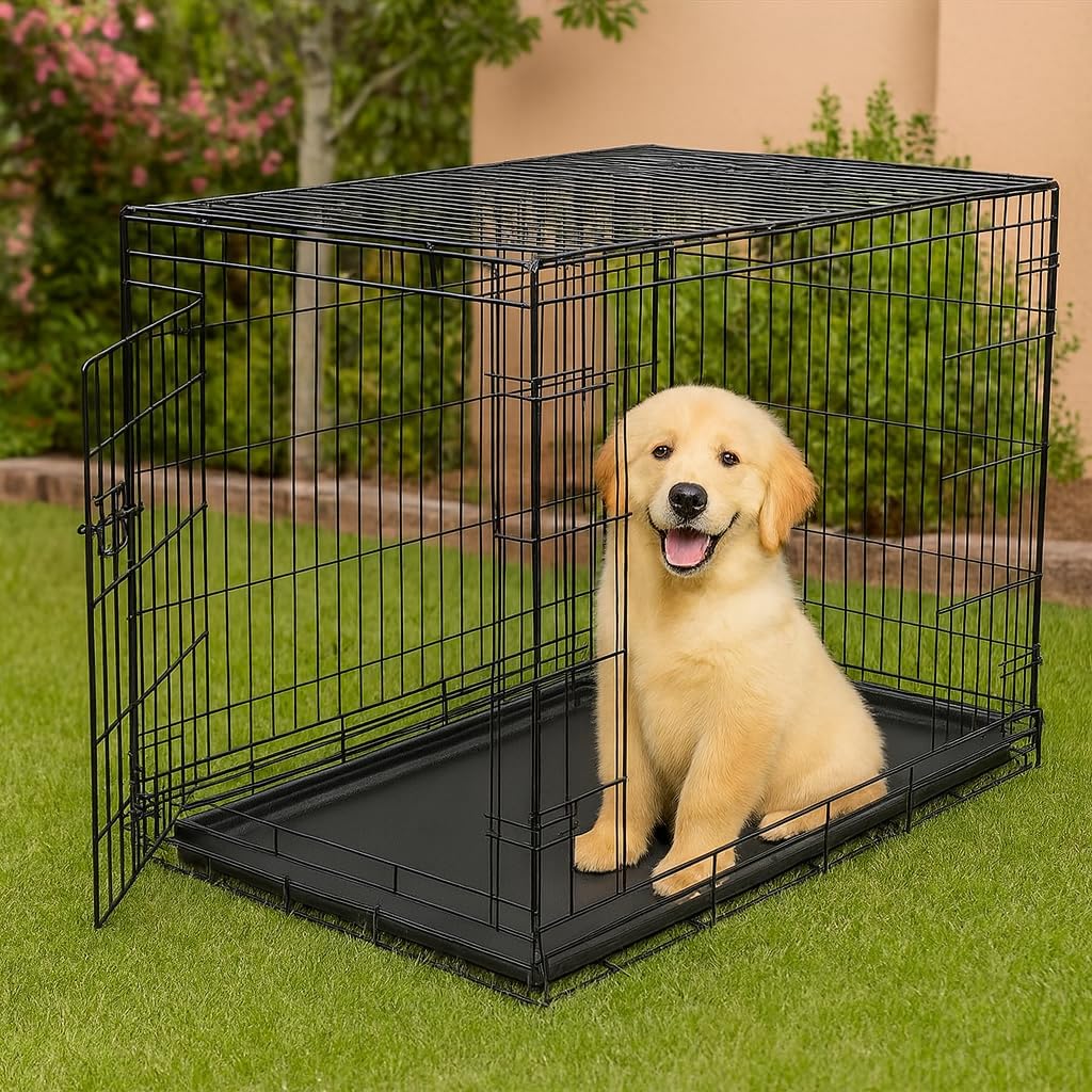 MAJIBAO Dog Crate - Metal Wire Dog Cage Indoor - Pet Dog Kennel for Medium to Large Dogs -  Lockable Foldable Metal Doors - Durable Wire Design & Removable Tray, Easy to Assemble (42 inch size)