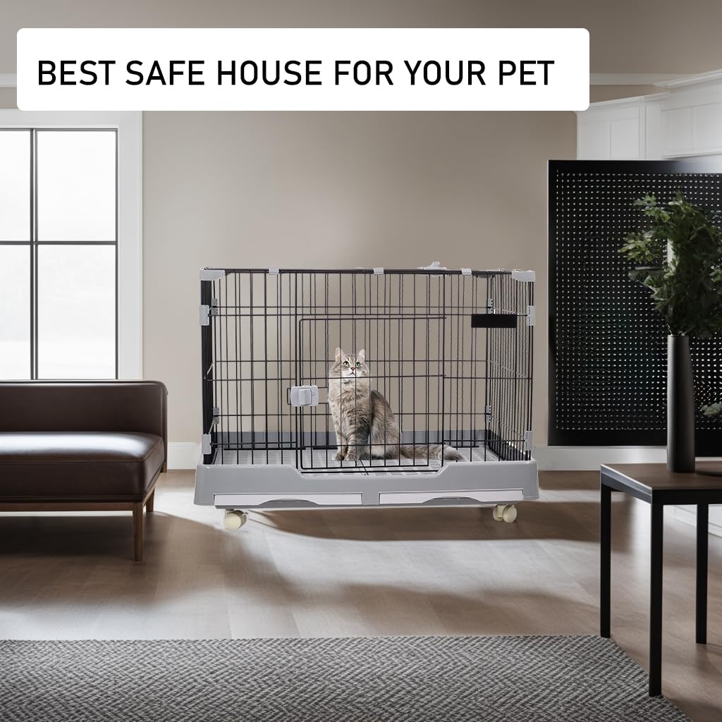 Cat cage with Open-top design, Metal wire, Lockable door, Removable tray, and Universal wheels, Spacious cat cage for Cats and Small dogs, Ideal for Indoor/outdoor use, Easy to assemble 82 cm (Grey)