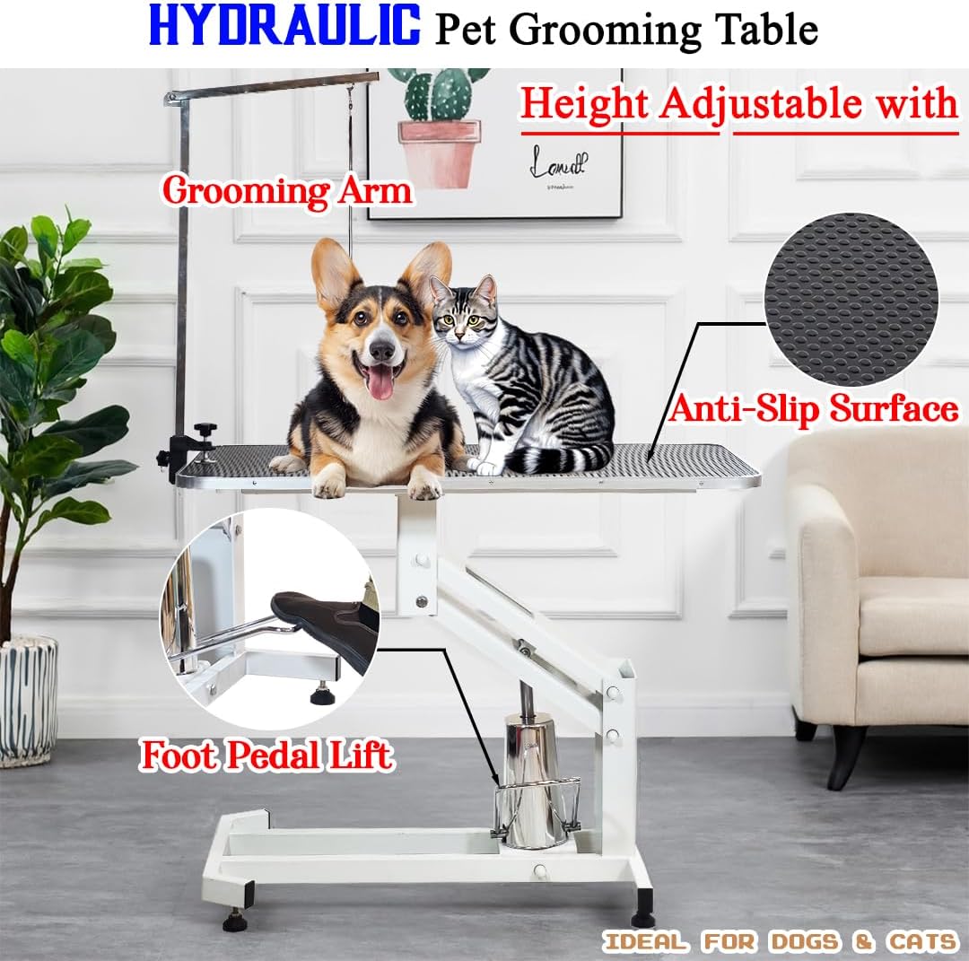 Hydraulic Pet Grooming Table with Pump, Foot lift, and Adjustable feet, Dog grooming table with Adjustable Arm & Secure clamp, Anti-slip Surface and Heavy Duty for all size breeds, 170 cm (White)