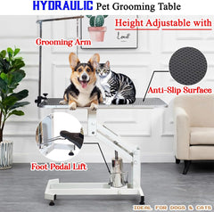 Hydraulic Pet Grooming Table with Pump, Foot lift, and Adjustable feet, Dog grooming table with Adjustable Arm & Secure clamp, Anti-slip Surface and Heavy Duty for all size breeds, 170 cm (White)