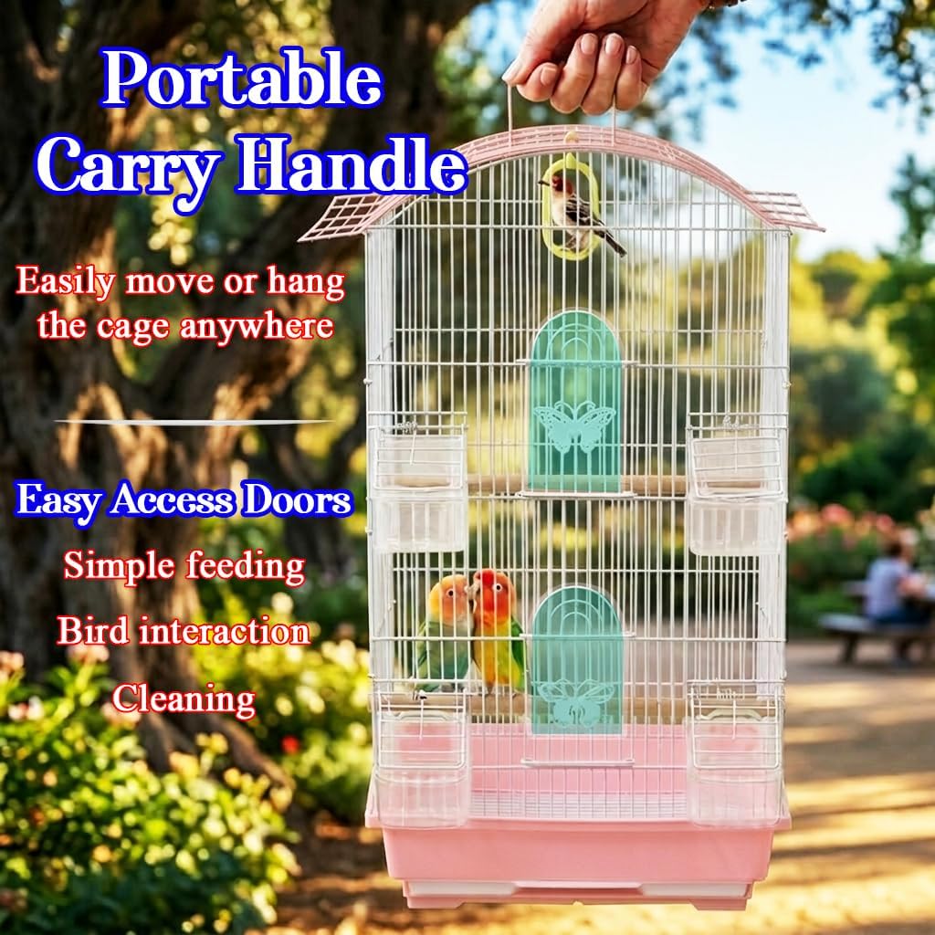 Small Bird Cage with Perches, Feeders and Swing, Ideal for Parakeets, Lovebirds, and Small Parrots, 62 cm Metal Cage with Hanging, Pull-out Tray, Portable, Durable and Top-Roof Design (Pink)