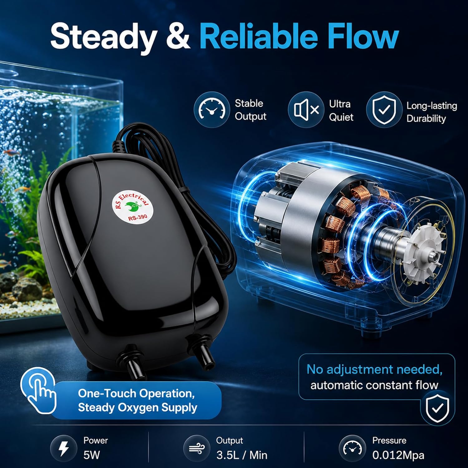 Aquarium Air Pump, 5W Dual Outlet Fish Tank Air Pump for 20-125 Gallon Tank, Ultra Silent Powerful Aquarium Pump Hydroponic Oxygen Aerator with Stones, Airline Tubing for Small Medium Large Fish Tank