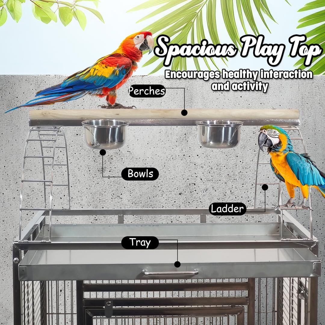 Large parrot cage with Stand, Stainless steel, and Feeding bowl with doors, 153 cm Top play bird cage for Macaw, Cockatoo, and medium to large birds, Indoor-outdoor use, Tray and Wheels (Grey)
