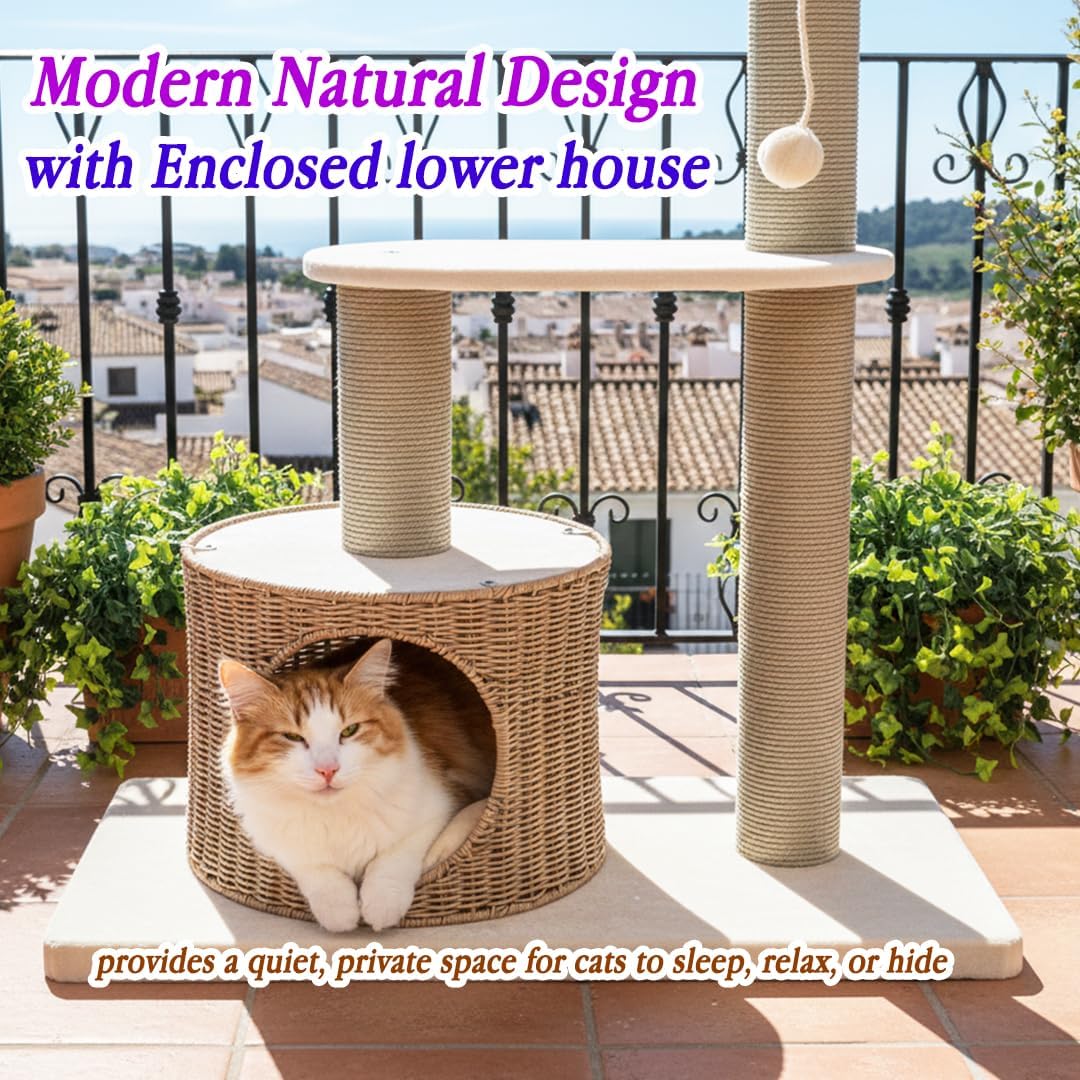 Cat tree with Scratching Post, Wicker basket, Hand-woven condo, and Dangling ball, 97 cm Indoor cat furniture for all cats, Multi-level cat tree, Easy assembly, & Cat climbing tower (Beige)