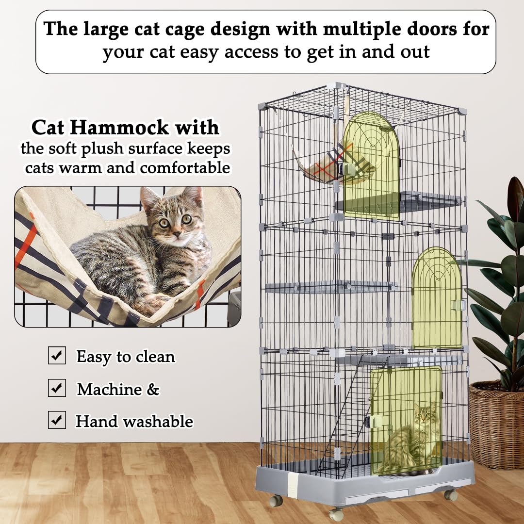 Large Cat Cage for Indoor Cats & Kittens - 3-tier Metal Wire Grey Cat House with 3 Lockable Doors, Pet Home - Cozy Hammock, Climbing ladder, Drawer Tray and Universal wheels, Easy Assembly 175 cm
