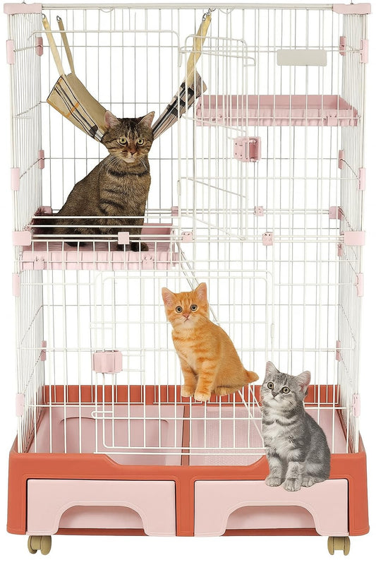 Cat Cage Playpen for Multi-Cat Household, 3-Tier Cat Cage with Cozy Hammock, Wide Platform, Climbing Ladder, Build-in Litter Box & Universal wheels, Ideal for Indoor/Outdoor Use 133 cm (Pink)