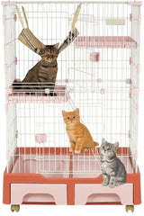 Cat Cage Playpen for Multi-Cat Household, 3-Tier Cat Cage with Cozy Hammock, Wide Platform, Climbing Ladder, Build-in Litter Box & Universal wheels, Ideal for Indoor/Outdoor Use 133 cm (Pink)