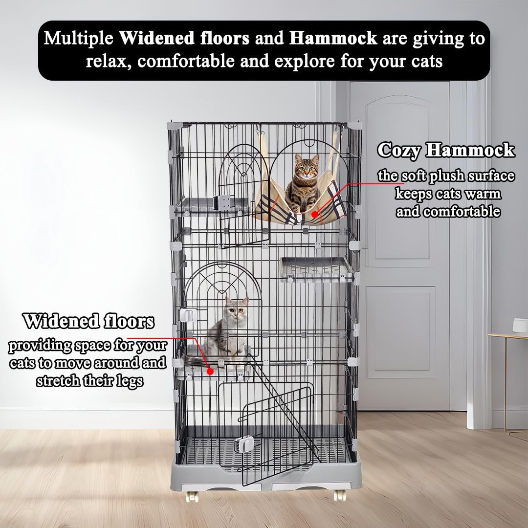 NNC PETS Large Cat Cage Indoor - 3-Tier Metal Wire Cat Crate Kennel with 3 Lockable Doors - Cozy Hammock & Climbing Ladder - Drawer Tray & Universal Wheels, Easy Assembly, 145 cm(Grey, Large)