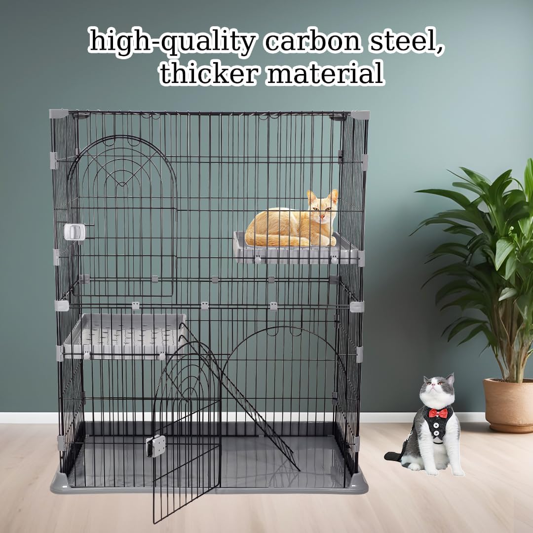 Cat cage with Durable metal wire, Wide plastic perch, Lockable door, and Climbing ladder, double-layer cat cage enclosure for Cats & Kittens, Suitable for indoor/outdoor use 117 cm (Grey)