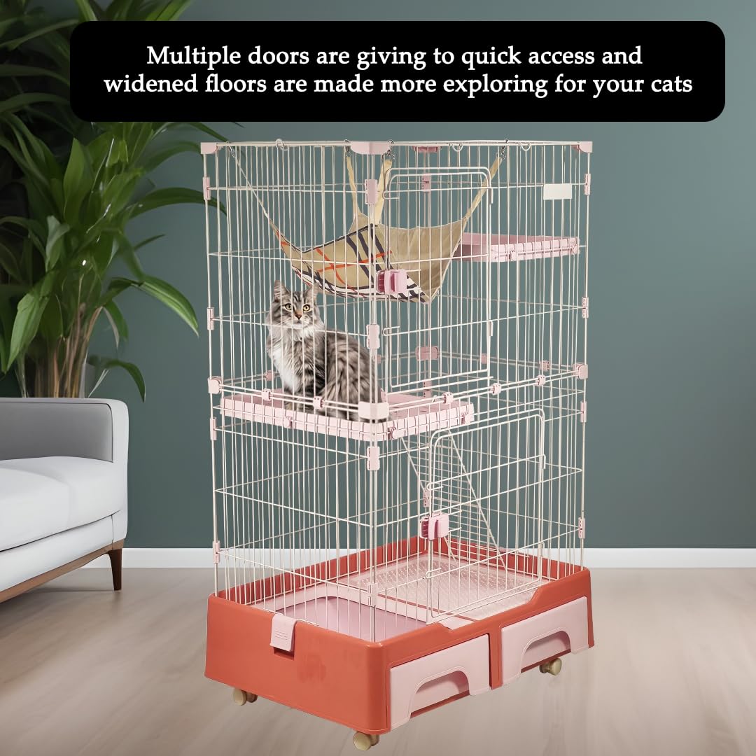 Cat Cage Playpen for Multi-Cat Household, 3-Tier Cat Cage with Cozy Hammock, Wide Platform, Climbing Ladder, Build-in Litter Box & Universal wheels, Ideal for Indoor/Outdoor Use 133 cm (Pink)