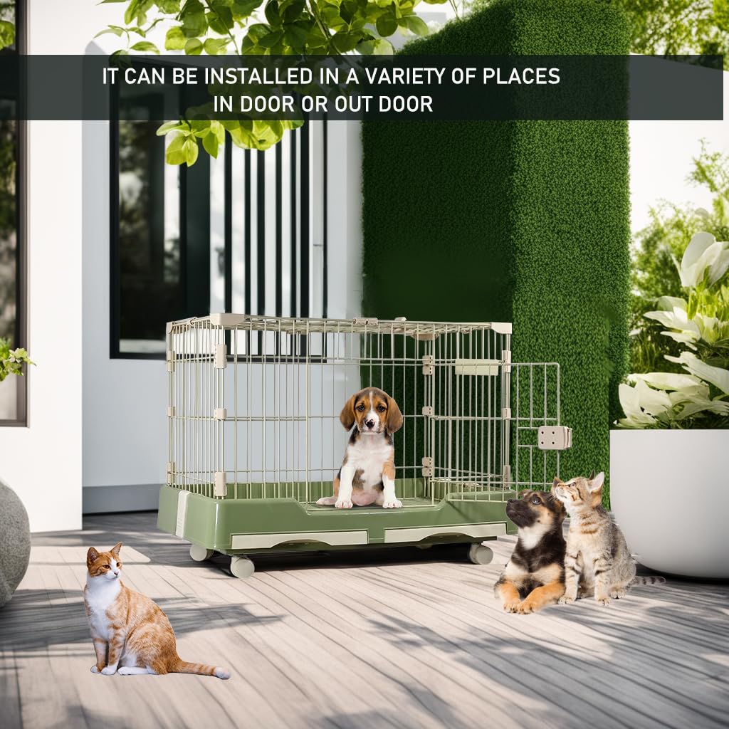 Cat cage playpen for cats & small dogs, Durable meta wire cat cage with Open-top design, Lockable door, Removable tray, and Universal wheels, Ideal for indoor/outdoor, Easy assembly 75 cm (Green)