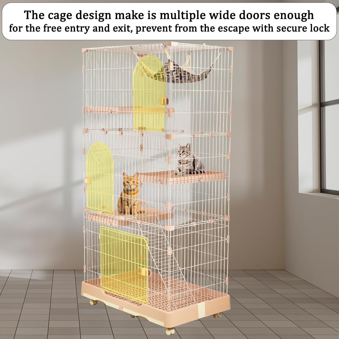 Large cat cage with 3 lockable doors, Hammock, Wide platforms, Climbing ladder, Removable tray, and Universal wheels, Durable metal wire cat cage for indoor & outdoor, Easy assembly 190 cm (Pink)